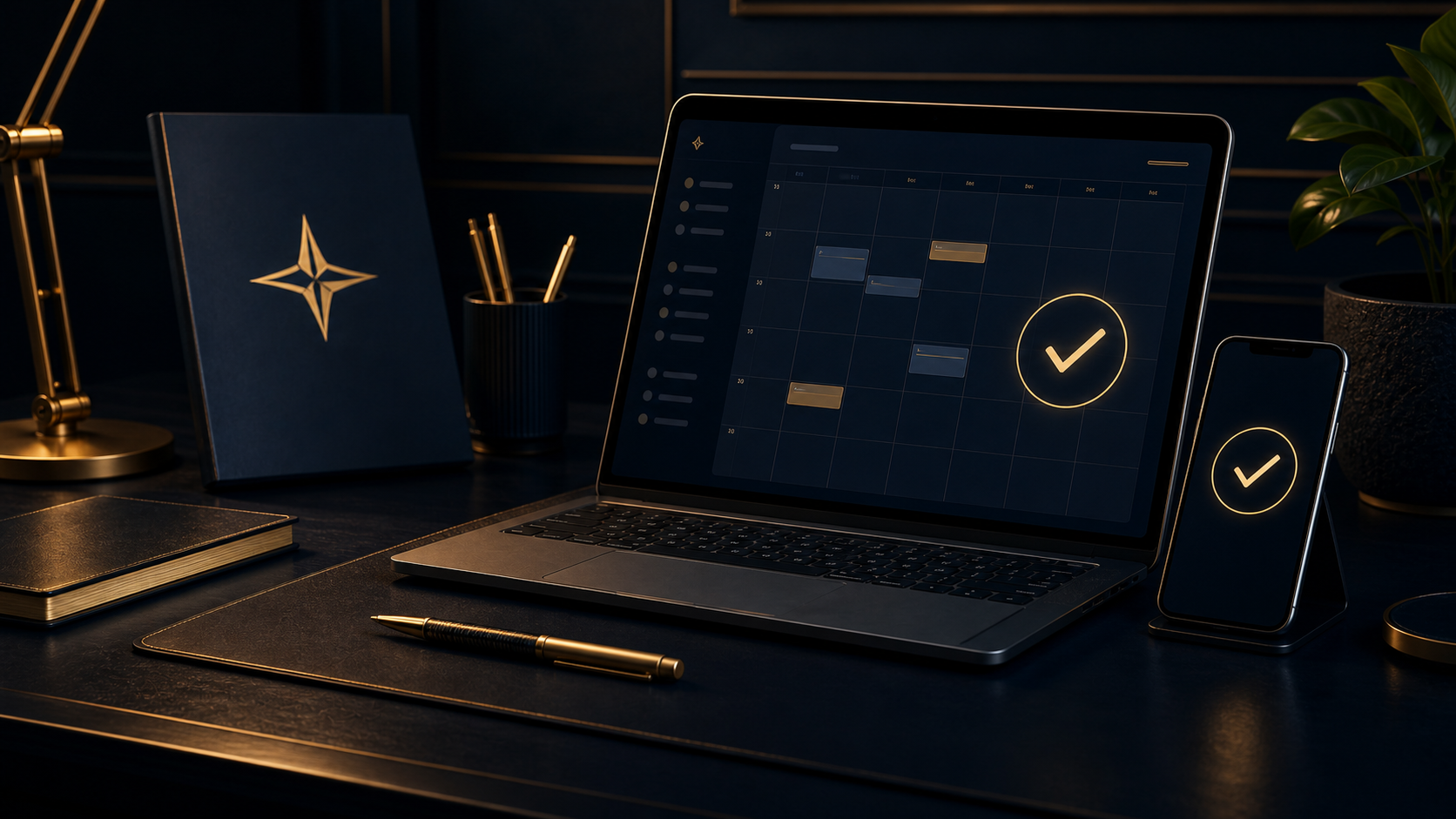 Blue Star desk scene with a booked calendar confirmation across laptop and phone
