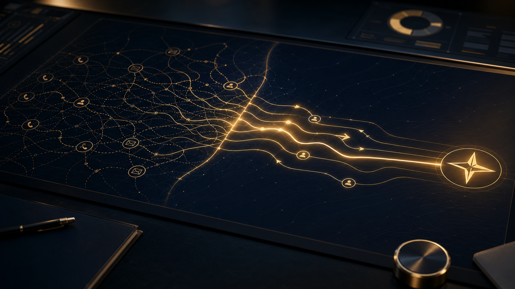 Diagnostic revenue map with gold paths converging into a Blue Star route